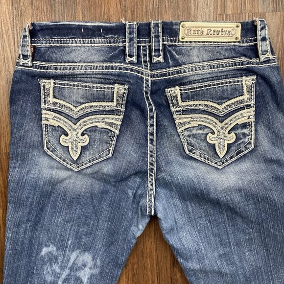 Rock Revival Easy Boot Cut Jeans Women 30 Blue Dark Wash Rhinestone Sequin - Picture 4 of 14